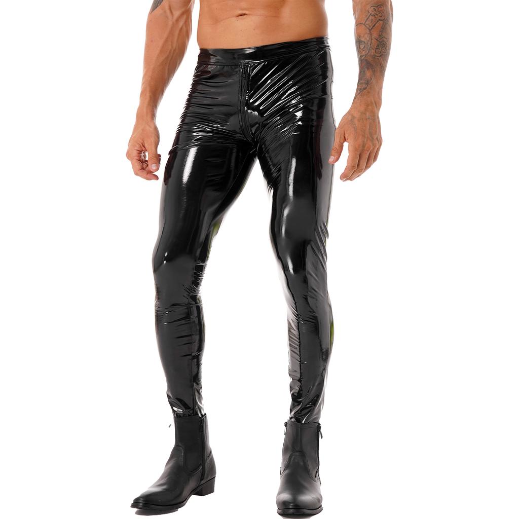 Mens Two Way Zipper Pants Wet Look Patent Leather Skinny Fit Clubwear