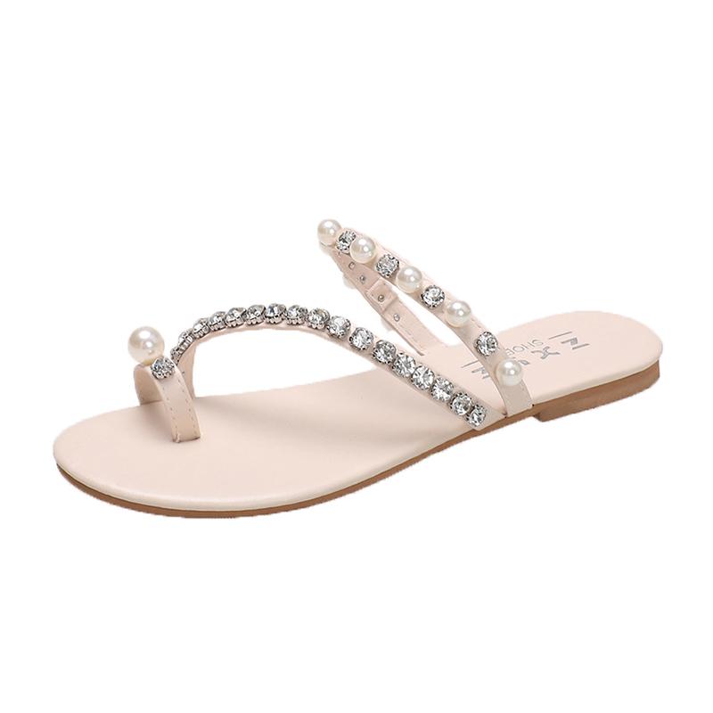 2024 Новые модные женские тапочки, летняя однотонная верхняя одежда с кристаллами, бисером, квадратным корнем, с открытым носком, женская обувь, удобная