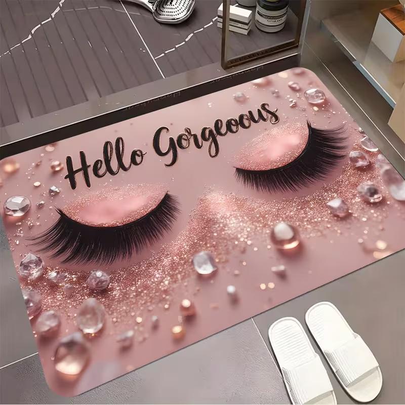 Eye Makeup Doormat Hello Gorgeous Letter Print Cosmetic Entrance Rug Soft Non-Slip Decor Carpet for Vanity Sink Makeup Studio