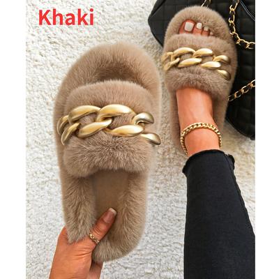 Осень-зима женские новые матовые золотые цепочки украшенные пушистые меховые шлепанцы плюшевые теплые тапочки роскошные тапочки без застежек