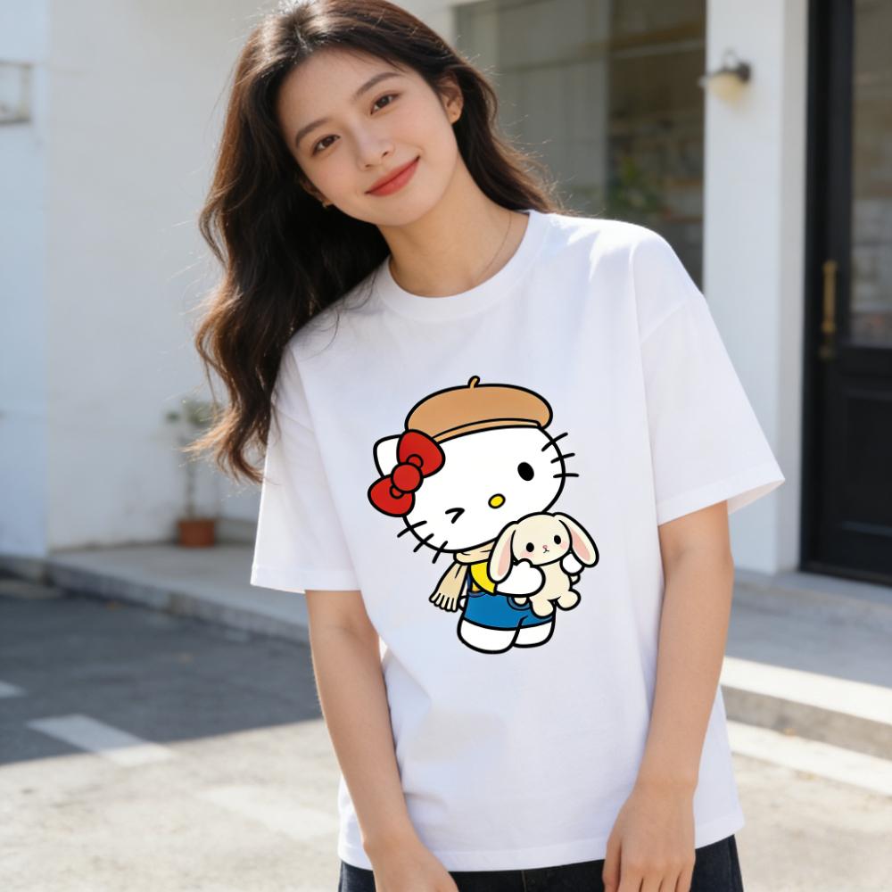 2026 Summer Hello Kitty Cartoon Printed Short Sleeve Pure Cotton Tshirts Womens Family Matching Outfits Harajuku Y2k Tops Tee
