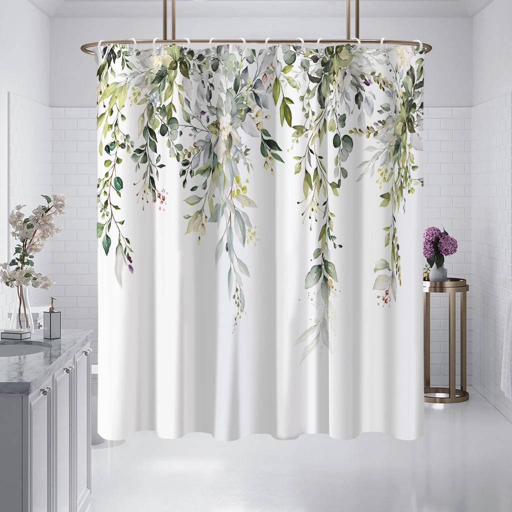 1PC Green Sage Plants Pattern Printed Shower Curtain, Waterproof and Washable, with 12 Hooks, Bathroom Shower, Bathtub, Home Use