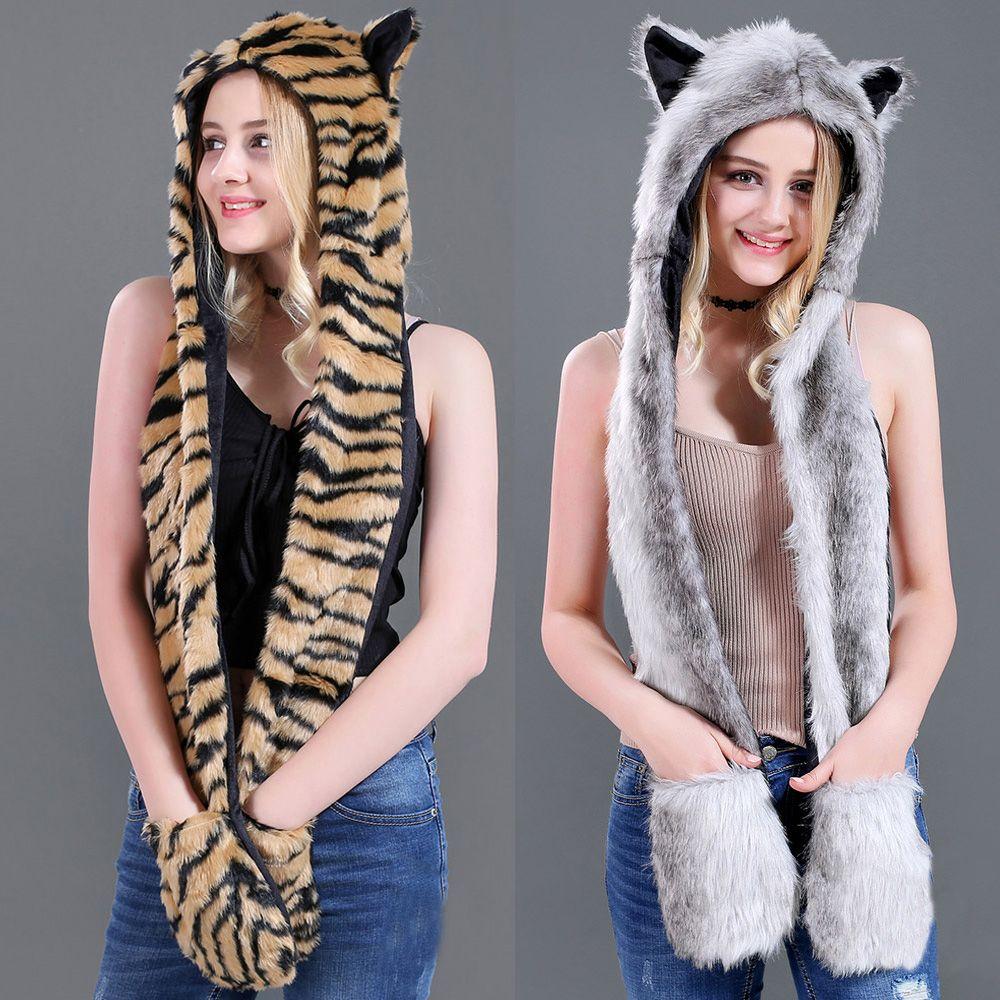 Теплая Теплая Шапка-Ушанка Животное Плюшевая Шапка-Бини Зимняя Шапка с Шарфом Перчатками для Мужчин Женщин