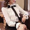 Женские блузки, топы, белая шифоновая блузка с рюшами и бантом, длинный рукав, 2023, рабочая одежда, офисная женская элегантная рубашка