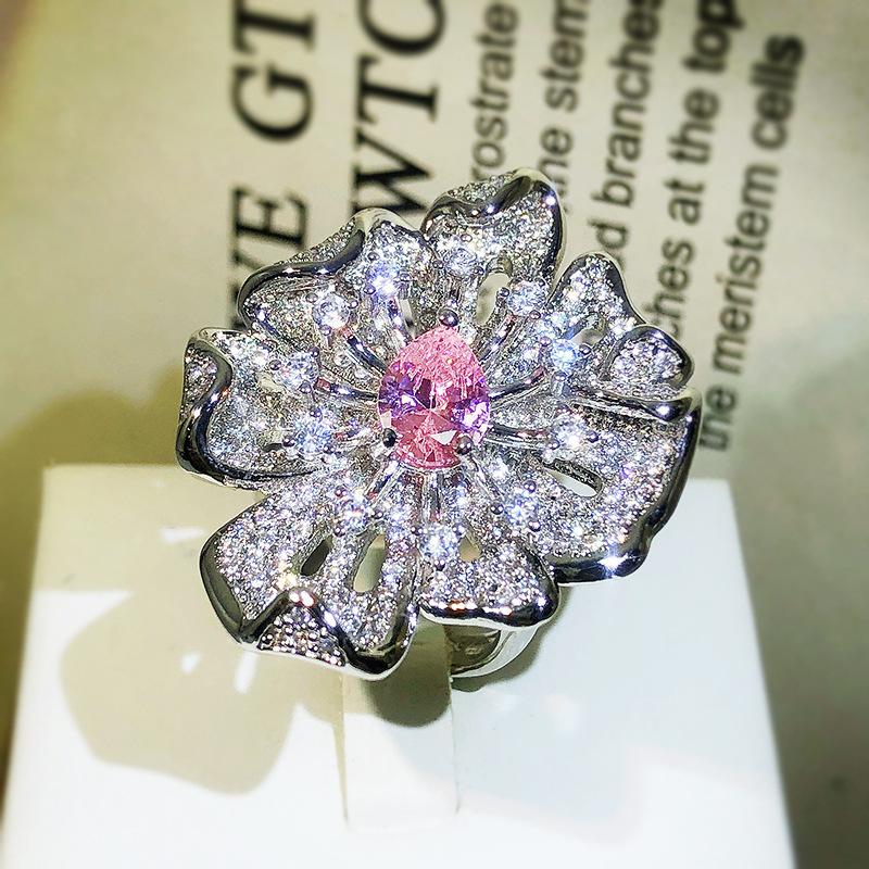 Pink Diamond Flower Ring Women's Open Ins Simple Temperament Full Diamond Micro Inset AAA Zircon Niche Design Style