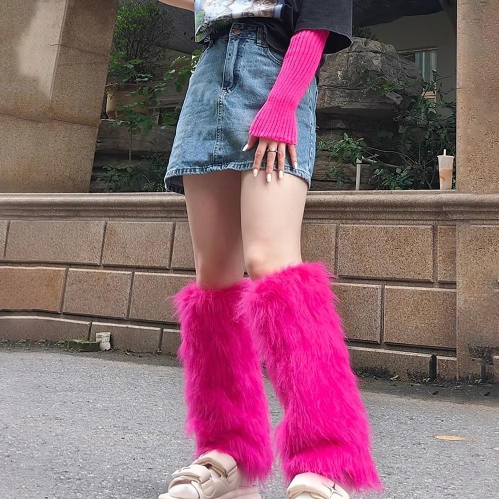 Harajuku Style Faux Fur Furry Leg Warmers 40cm Japanese Style Long Tube Sock Kawaii Y2K Lolita Boots Cover Cosplay Use