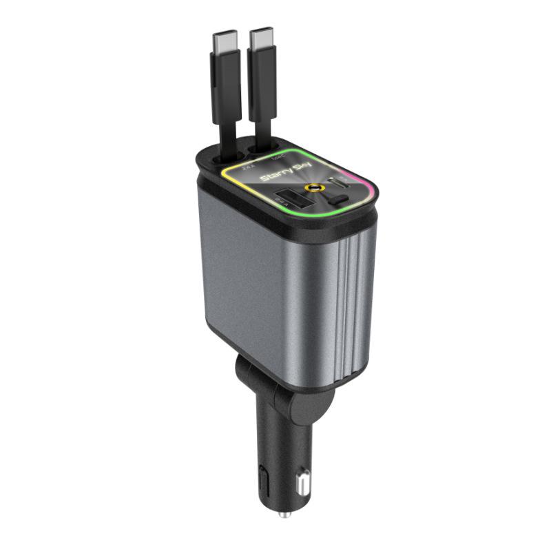 Dual Retractable Car Charger with Starry Sky Projector - 4-in-1 Multi-Functional Gadget