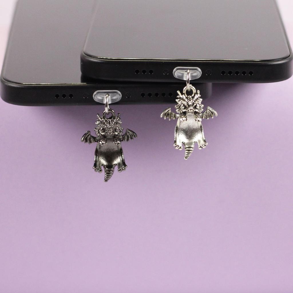 Mobile Phone Dust Plug In Deep Silver Color with Small Flying Dragon Pendant and Decoration, Suitable for IPhone Type-C Interface, Gift Trinket