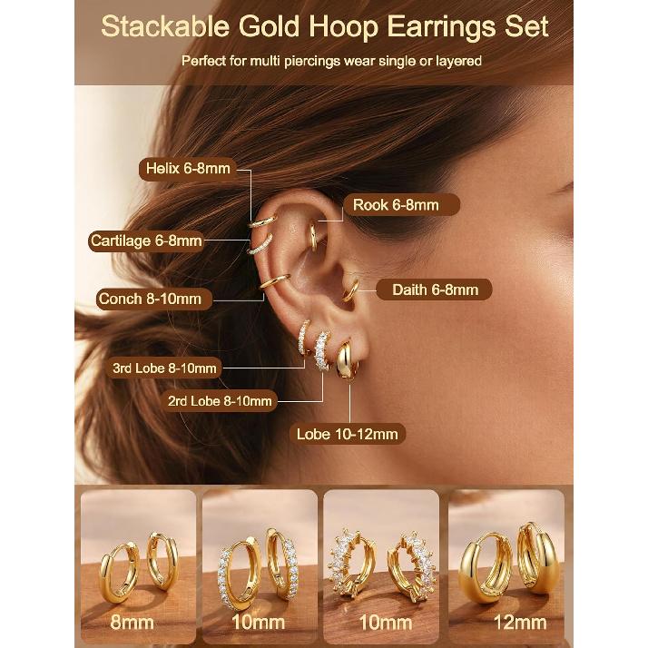 Tungary Chunky Hoop Earrings for Women Hypoallergenic Huggie Earring Stacks | Danity Small Hoop Earrings, Cartilage Earring Hoops for Sensitive Ears,