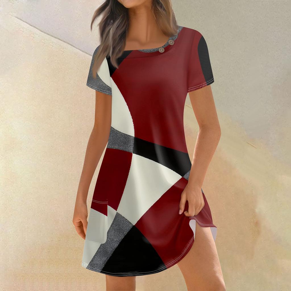 Женская мода, летние платья с квадратным вырезом и коротким рукавом, повседневные свободные платья с карманами и пуговицами в стиле пэчворк с принтом