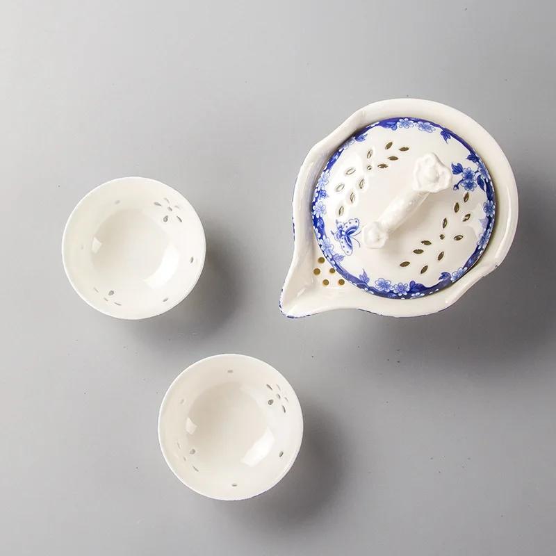 Сине-белый фарфоровый дорожный чайный сервиз, 1 чайник, 2 чашки, кофейный чайник для чая в чашке, гайвань, чашки и кружки, чайные чашки, чайная посуда, чайная посуда