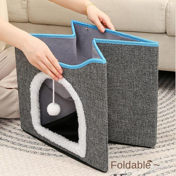 Складная большая пещера для кошек с подвесным пушистым мячом и когтеточкой, а также успокаивающая лежанка для домашних кошек