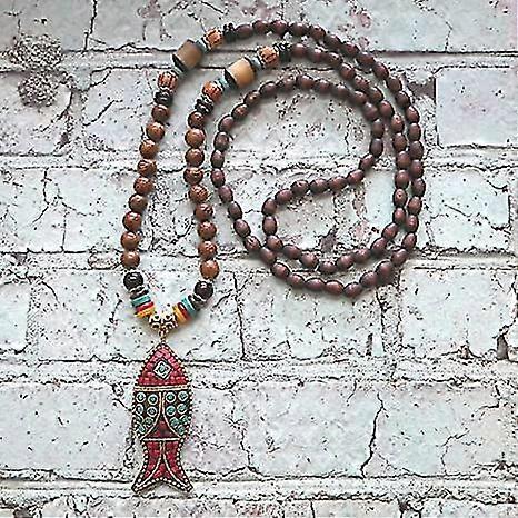 Beaded Necklaces for Women Long Pendant Stone Wood Beads Handmade Wooden Necklace for Women Boho Jewelry