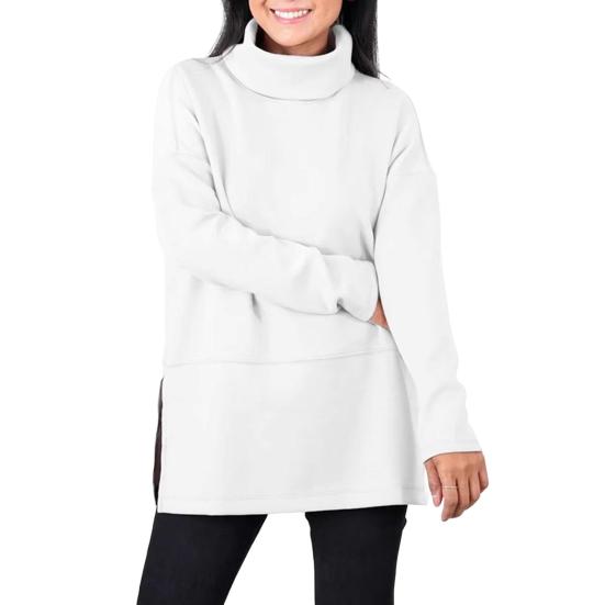 Женская толстовка с полувысоким воротником и разрезом по низу, однотонная плотная одежда больших размеров, длинный рукав, однотонный пуловер, сохраняющий тепло, повседневный топ