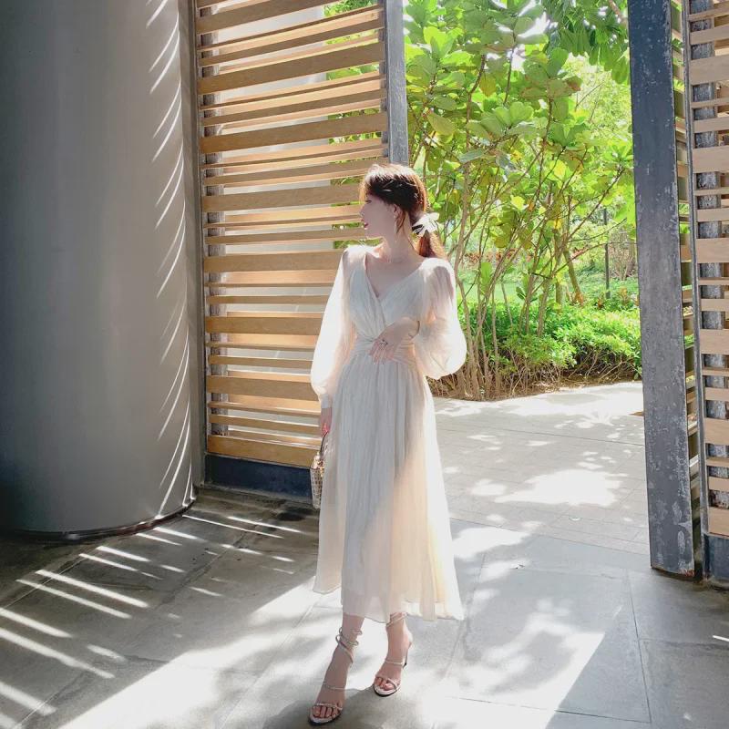 2024 French Style Puff Sleeve White Dress - Elegant Slim Fairy Princess Design