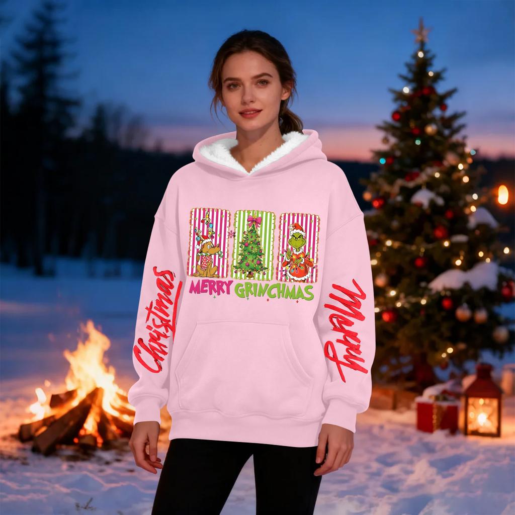 Женская повседневная модная толстовка с капюшоном большого размера, утепленная флисом, с рождественским принтом