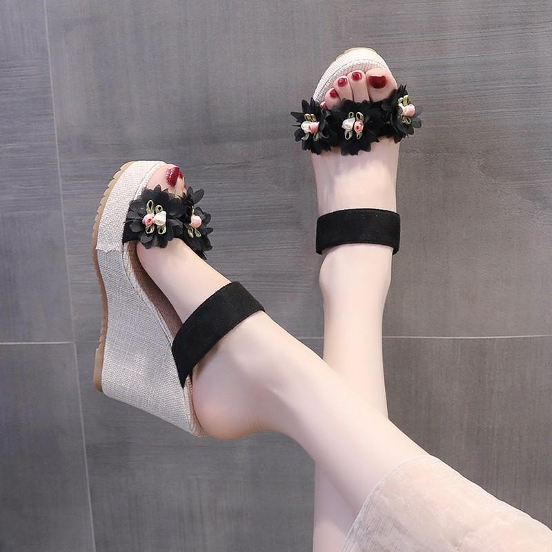 2024 Hot Selling Summer Women's Shoes Fashion Open Toe Large Size Cloth Flower Decorated Women's Super High Heel Slippers