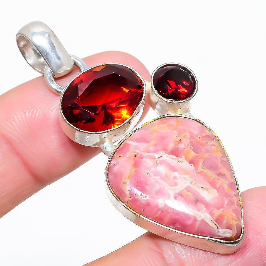 Rhodochrosite, Garnet Gemstone 925 Silver Jewelry Pendant 2.25"