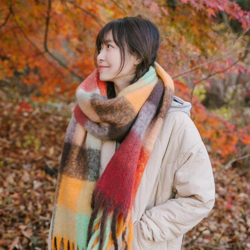 Autumn and Winter Rainbow Plaid Warm Scarf Sweet Soft Waxy Long Mohair Fringed Scarf Retro