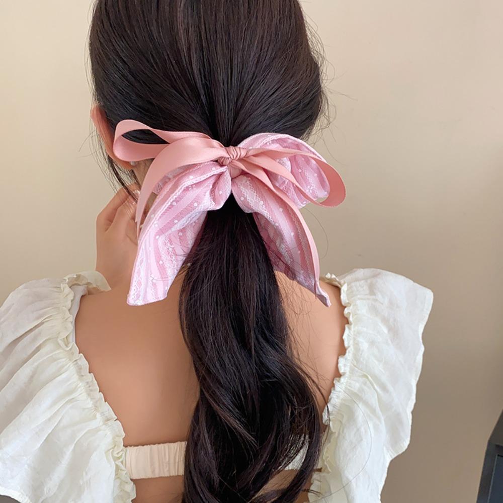 Elastic Plaid Silk Ribbon Scrunchies Bow Large Intestine Hair Ring Square Cloth Hair Tie Daily