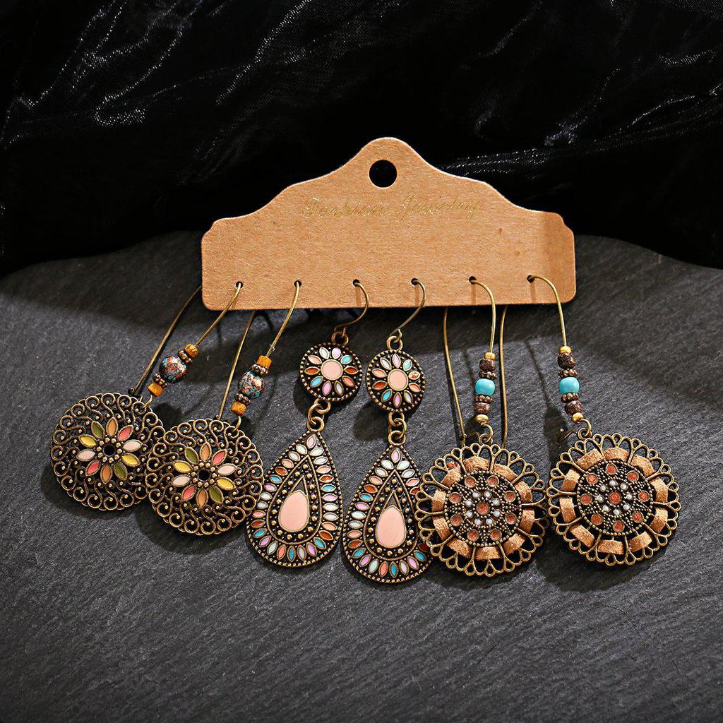 Bohemian Ethnic Retro Earring Set: 3-Piece Hanfu & Nepal Style for Women