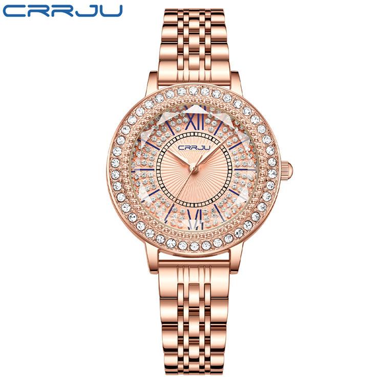 CRRJU Новые женские часы со стальным ремешком и бриллиантами, модные деловые часы