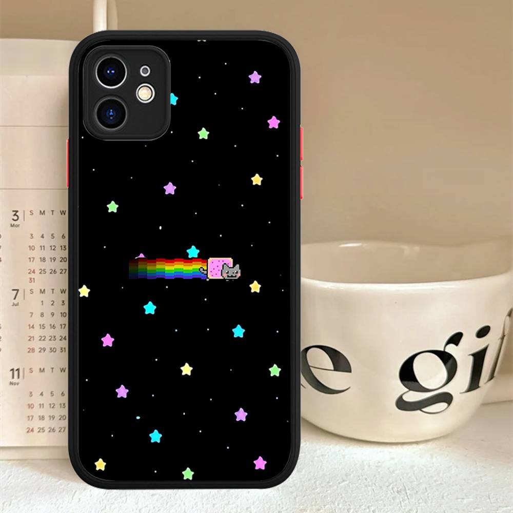 Cute N-Nyan Cat For IPhone 16 15 14 13 12 11 Pro Max X XS MAX Plus Translucent Black Phone Cover