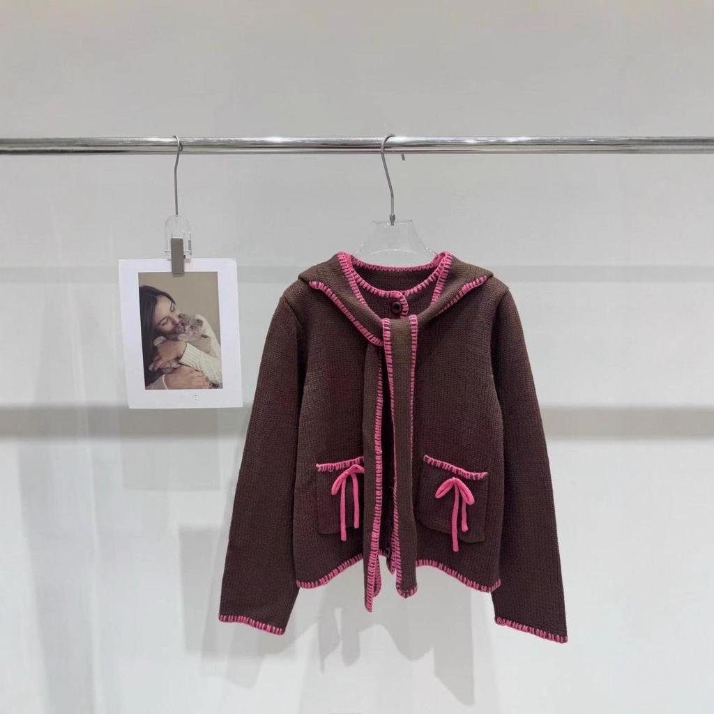 Red Detachable 3D Ears Hooded Knit Cardigan with Pockets - Versatile, Age-Reducing Outerwear