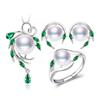 LSOOYH Freshwater Pearl Fashion Green Crystal Leaf Necklaces Earrings Ring For Women Jewelry Sets