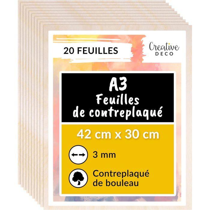 Panneaux contreplaqué bouleau - CREATIVE DECO - A3 420x300x3 mm - Lot de 20 - Surface lisse - Découpe & gravure