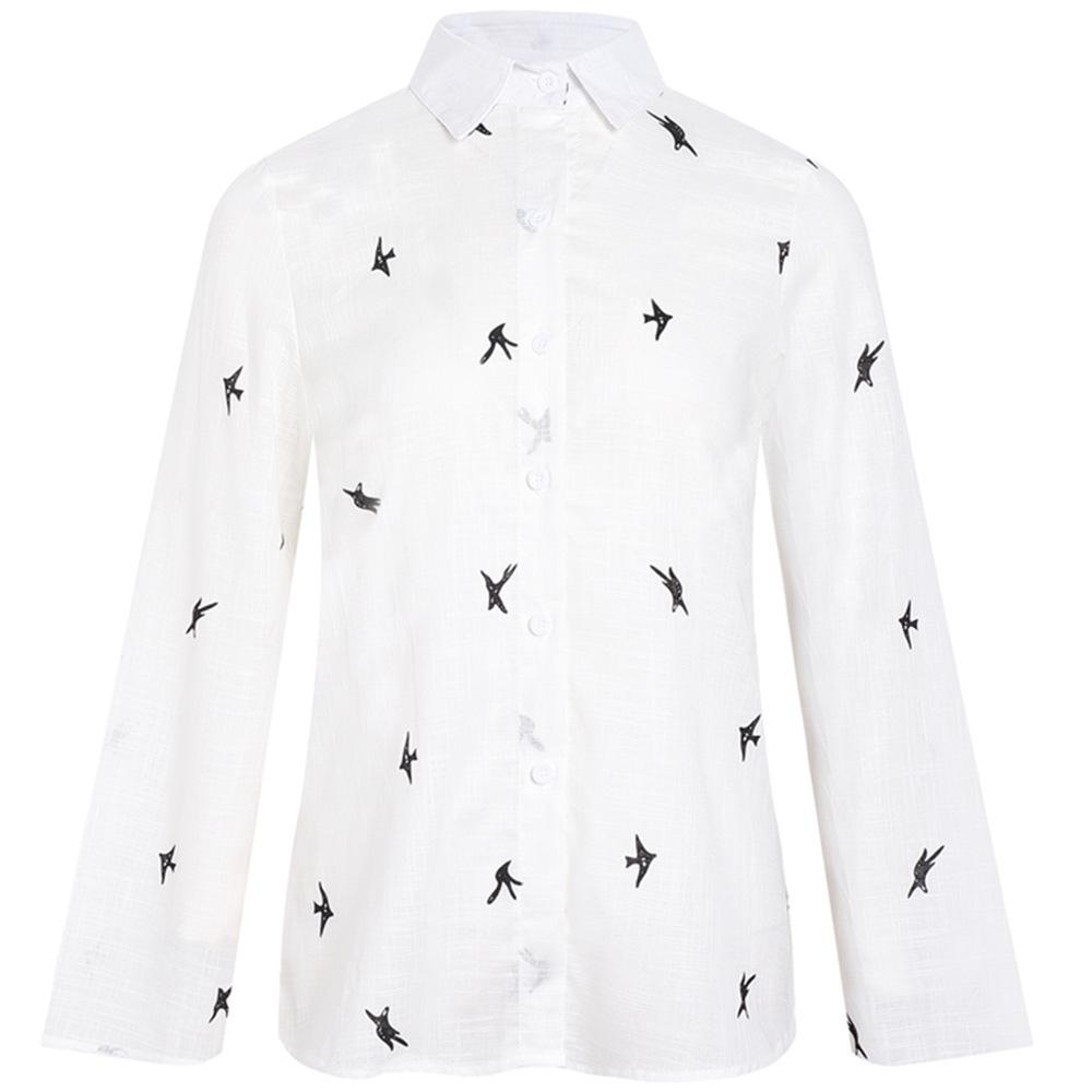 Весенне-осенние женские хлопковые льняные топы, рубашка на пуговицах с лацканами, большие размеры, свободные рубашки с длинными рукавами с принтом птиц