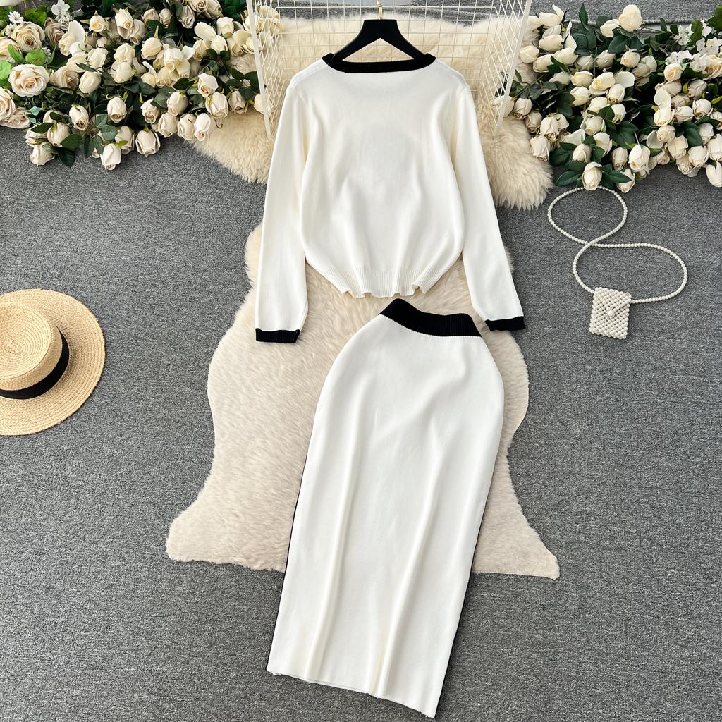 Осенний женский брендовый дизайнерский вязаный свитер с бисером, комплект из двух предметов, пуловер с длинными рукавами, топ и тонкая облегающая юбка-футляр, наряды