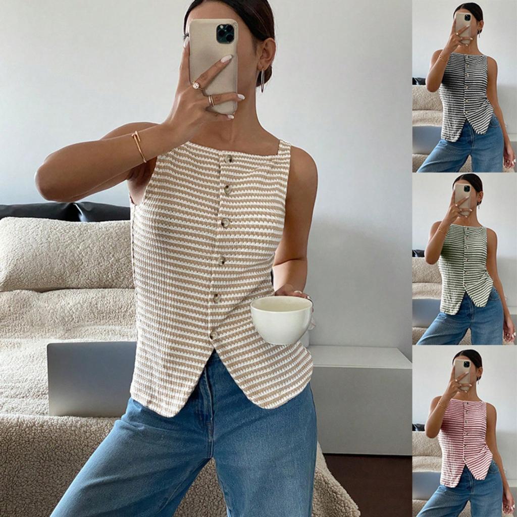 Summer New Women's Casual Button Sleeveless Camisole Tank Top, Leisure