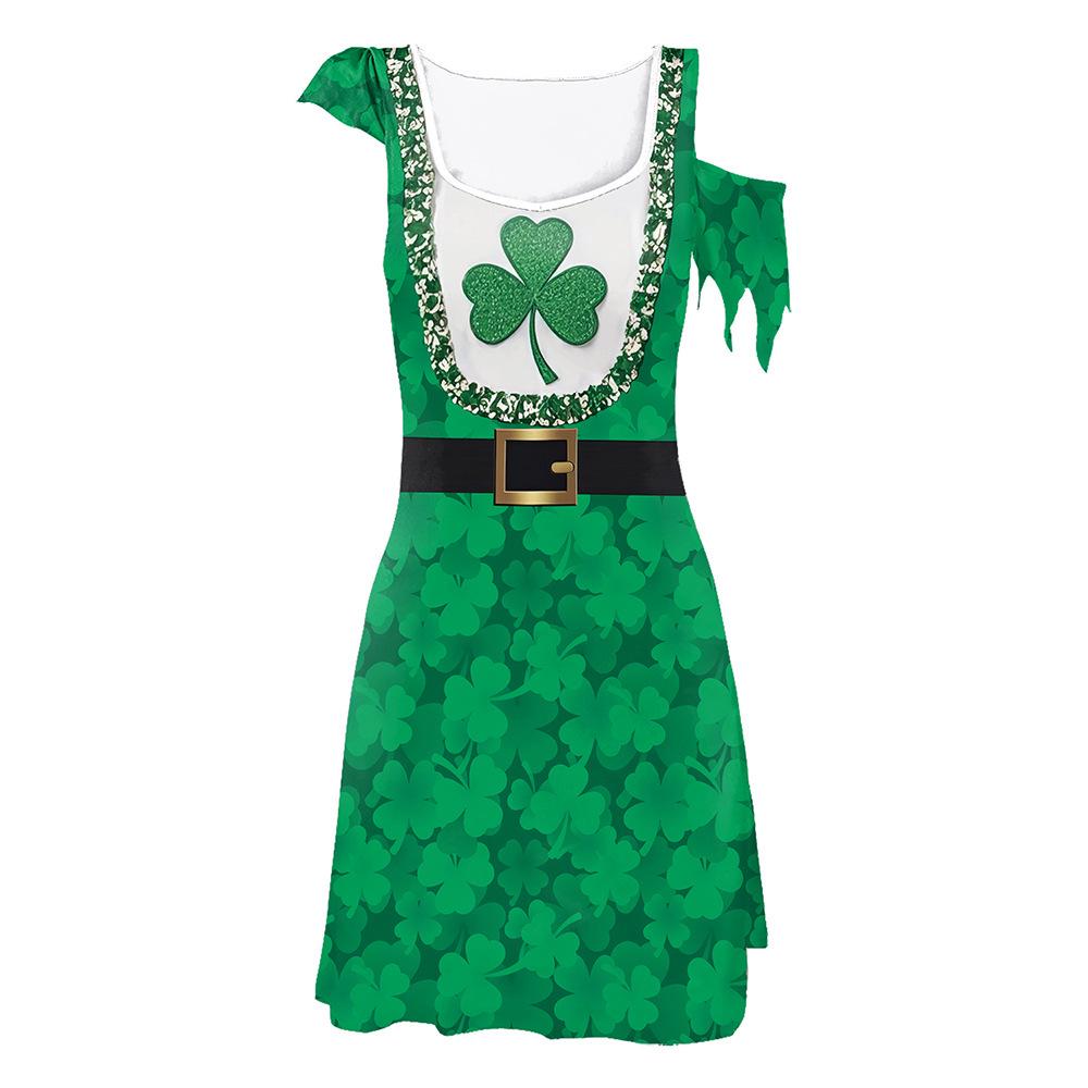 Clover St. Patrick's Day Irregular Sleeve Dress with Digital Print Skirt for Women
