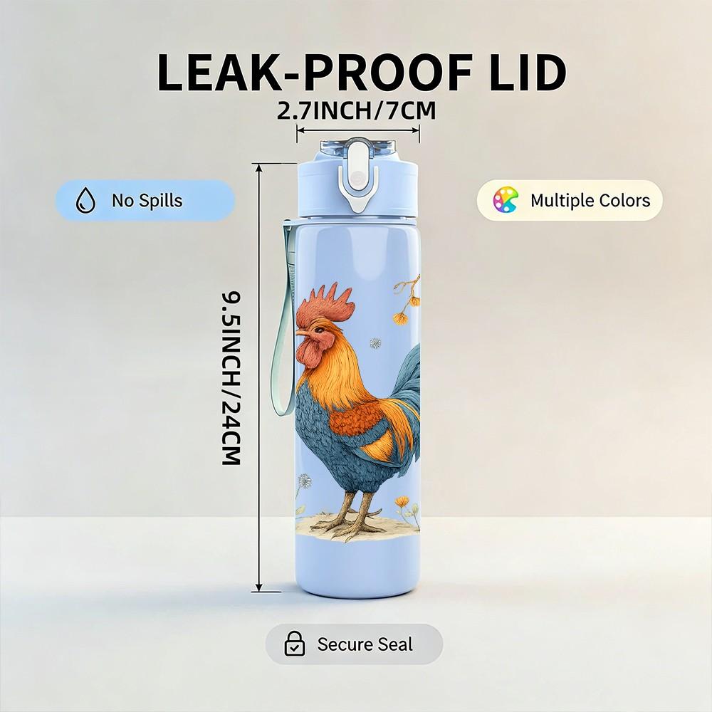 1PC Rooster Wild Flower Watercolor 750ml Color Plastic Sports Water Bottle Leakproof Flip Straw Lid For Sports Office Home Use