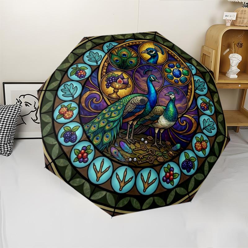 Peacock Glass Art pattern umbrella, portable and foldable design, 8 ribs, a casual accessory for Halloween, Christmas, and birthday gifts.