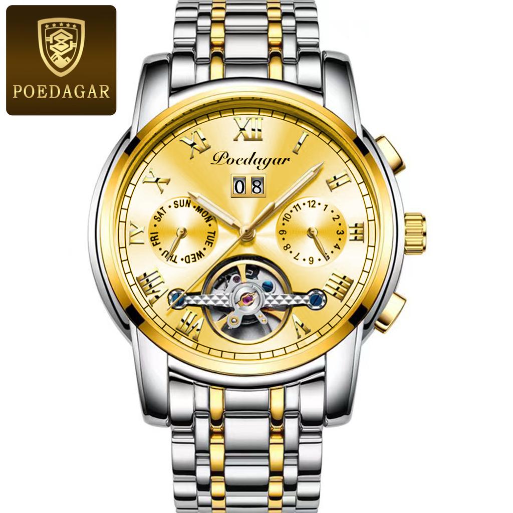 POEDAGAR Новые роскошные мужские часы ТОП-бренда с коробкой, автоматические водонепроницаемые полые многофункциональные светящиеся мужские механические часы