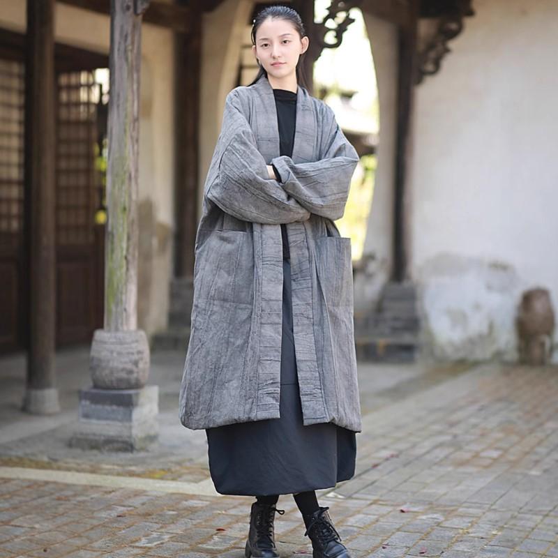 Johnature Women Vintage V-Neck Long Sleeve Patchwork Pockets Coats Winter Warm Coat