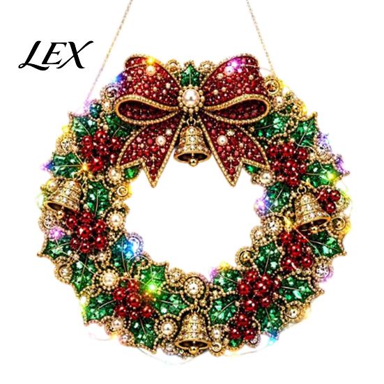 Handmade Christmas Decoration DIY Acrylic Faux Pearl Art Hanging Kit, Lighted Wreath 3D Beaded Craft Festive Mantelpiece Ornament Kit with LED String