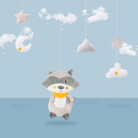 Игрушка-погремушка для кроватки Вращающийся музыкальный колокольчик Милая енотовидная сова Плюшевая кукла Эмоциональный комфорт Успокаивающая игрушка Подвесная игрушка-погремушка Прикроватный кронштейн для звонка Игрушка для малышей