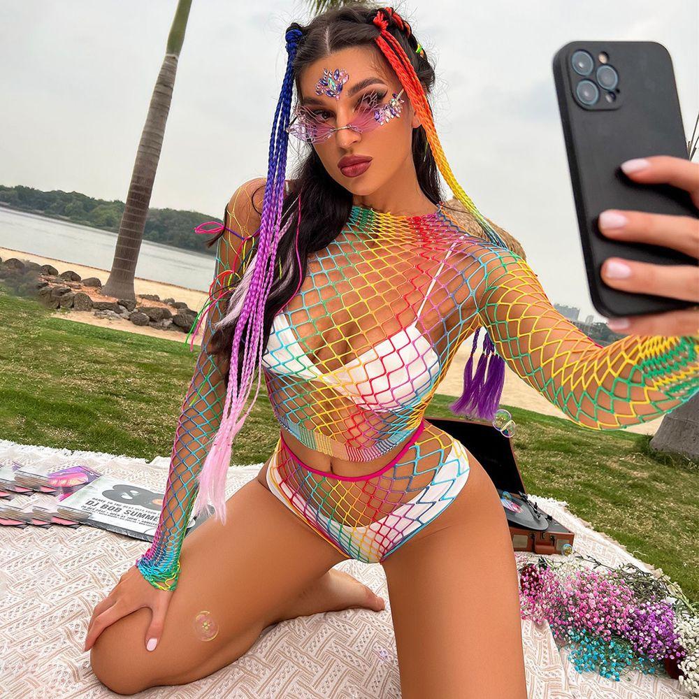 Summer Outfits Transparent Fishnet Tank Tops Bikini Cover Ups Rainbow Swimsuit Women Mesh Dress