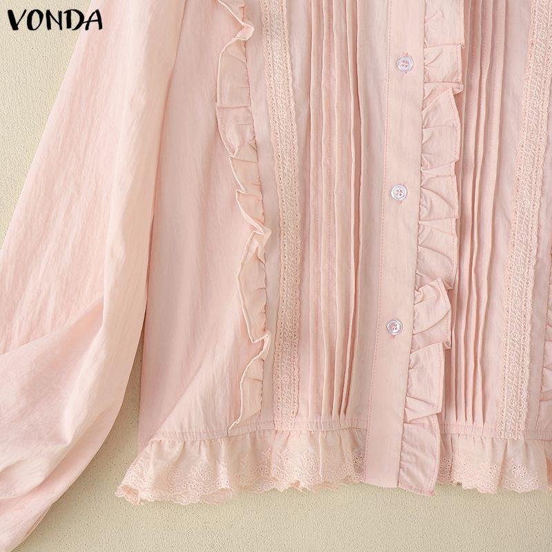 VONDA Women Casual Round Neck Ruffled Lace Hem Loose Long Sleeve Blouse