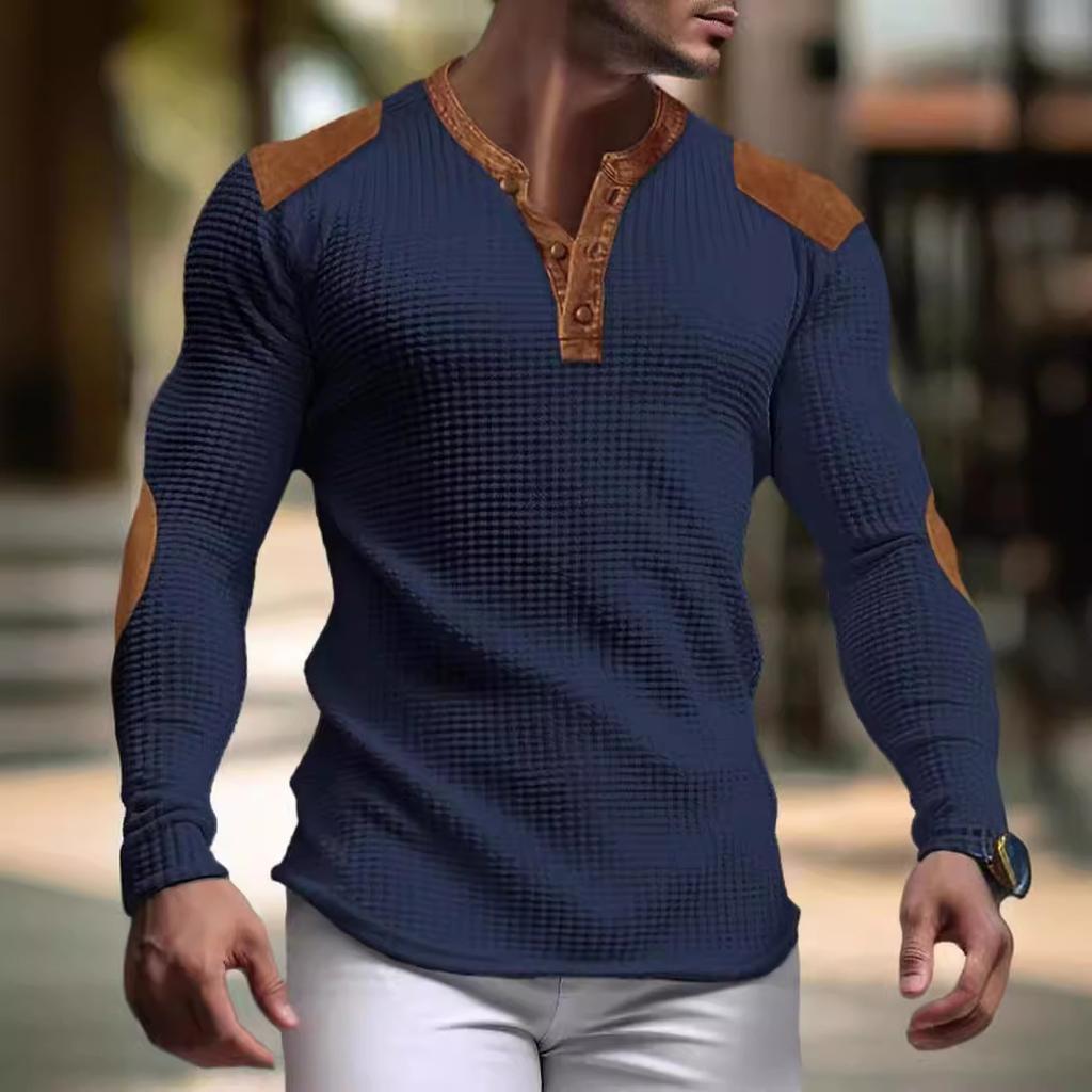 3D Breathable Men's Casual Sweatshirt Autumn V-Neck Top with Button Fashion Men's T-Shirt
