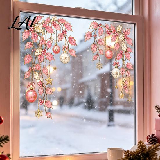 Christmas Window Clings 2Pcs Clings Static Glass Sticker Holiday Decal with Snowflakes Lantern Cling Decorations and Balls Patterns Removable