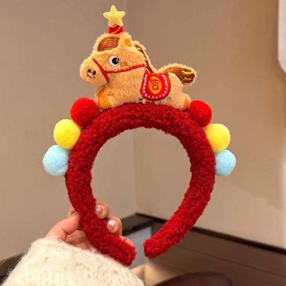 Plush Pony Headpiece Red New Year Mascot Headband Gift Cartoon Horse Hair Hoop  New Year
