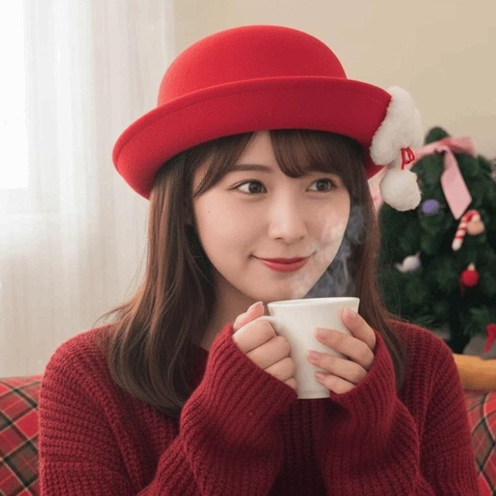 Japanese Style Woolen Bucket Cap Vintage Looking Girls Dome Hat Top Hat Red Bowler Hats Party