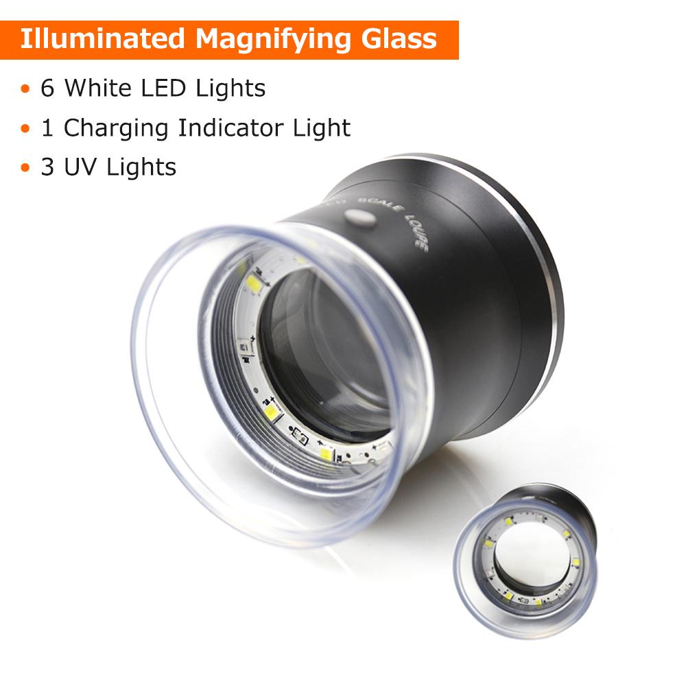 30X LED Scale Loupe Illuminated Magnifier with 6 White 3 UV Lights Rechargeable Magnifying Glass Interchangeable Reticle Scale for PCB Jewelry St