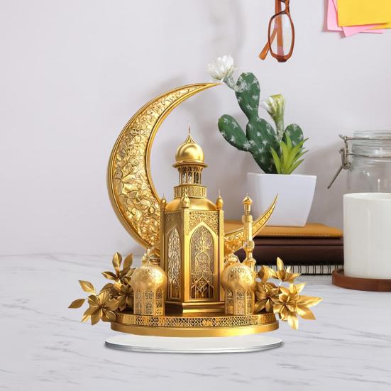 Acrylic Moon Castle Ornament 2D Flat Golden Crescent Moon Mosque Table Sign Holiday Party Home Office Living Room Bedroom Desktop Decoration