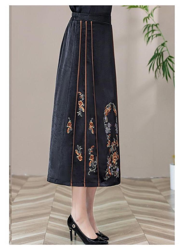 Вышитая юбка в китайском стиле «мамянь», на резинке, длиной до колена, для женщин среднего и пожилого возраста