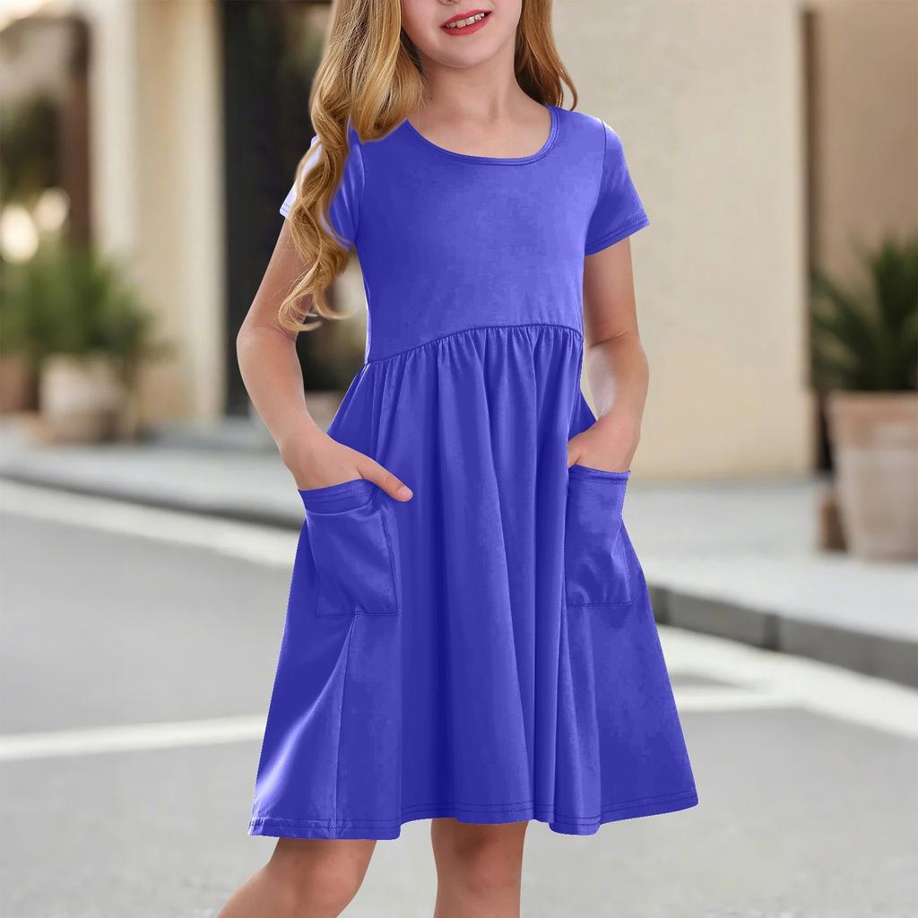Children's Skirt Round Neck Short Sleeve Princess Dress Fashion Casual Pocket Dress For Girls
